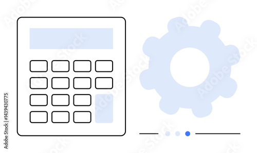 Calculator representing accounting or calculations alongside a gear symbolizing settings or processes. Ideal for finance, business, accounting, settings, automation, optimization, and simple landing