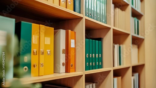 Organized collection of brightly colored binders on wooden shelving unit in a modern office environment
