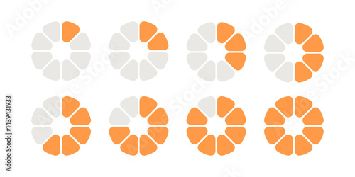 Circle division infographic loading set. Pie chart divided 8 equal parts. Pizza or orange round load diagram. Infographic eight segment and fraction. Vector illustration isolated on white background.