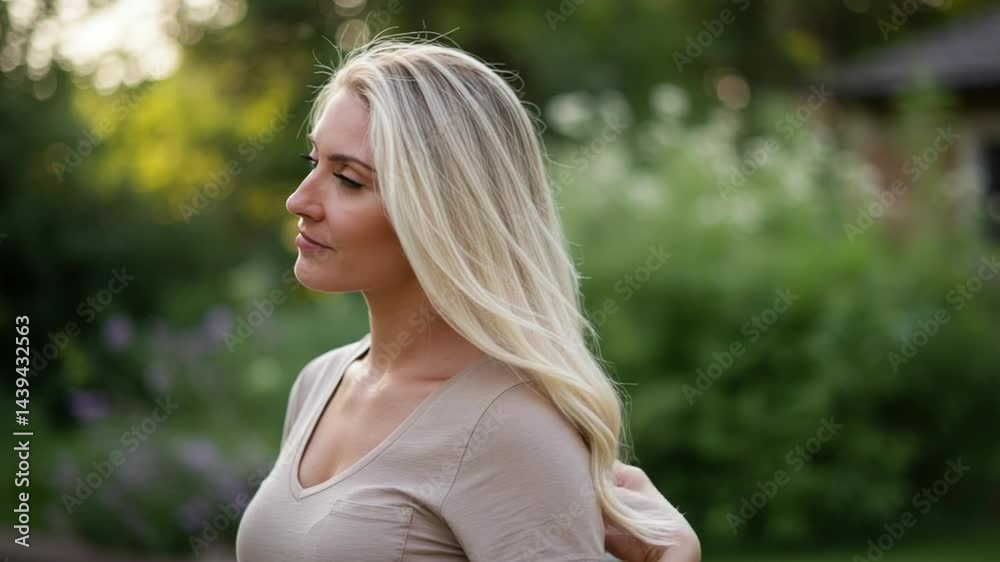 Blonde Woman in Garden, Golden Hour Portrait Blonde Woman in Garden, Golden Hour Portrait