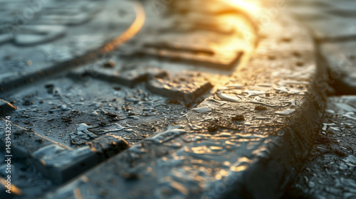 Close-up view of textured metal surface illuminated by warm sunlight
