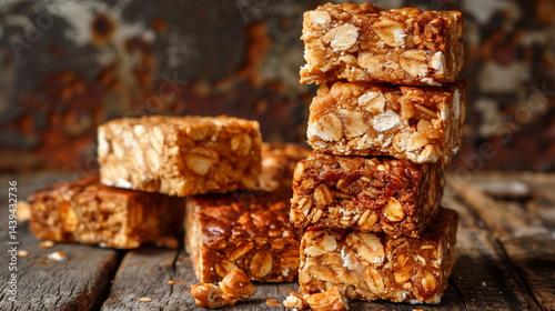 Stack of homemade granola bars on a rustic wooden surface
