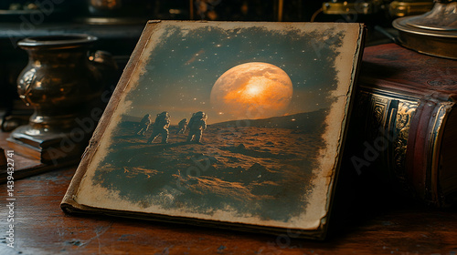 A worn book displays astronauts on a planet with a large moon evoking exploration and adventure