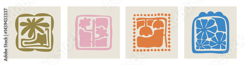 Groovy abstract flower art set. Organic doodle shapes in trendy naive retro hippie 60s 70s style. Contemporary poster and background. Floral botanic illustration in pink, blue, orange colors.