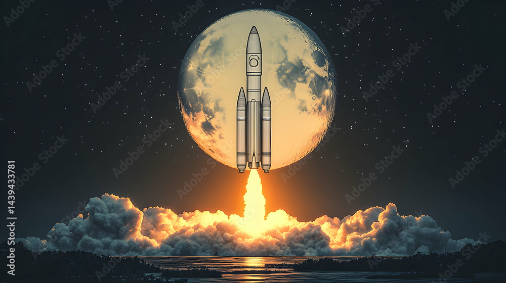Obraz premium Rocket launching to space with moon background and cloud of smoke at dark night over water