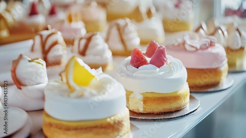 Delightful assortment of cream cakes displayed at a bakery in the afternoon sun