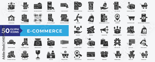 E-commerce icon set with new product, secure payment, shopping online, card payment, mobile shopping, online store, discount offer, buy online, parcel delivery, add cart, warehouse and best seller