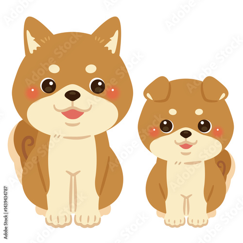 お座りした柴犬の親子イラスト2