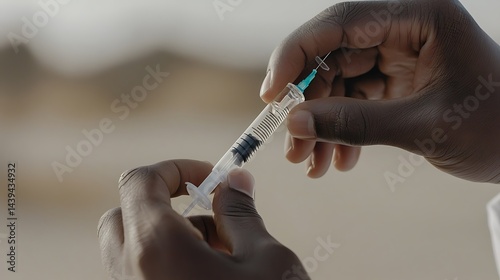 Healthcare worker's steady hands gripping a syringe horizontally, highlighting the careful technique before administering an injection
