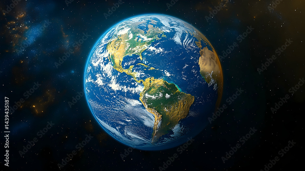 Obraz premium A vibrant Earth surrounded by a starry expanse showcasing continents oceans and swirling clouds