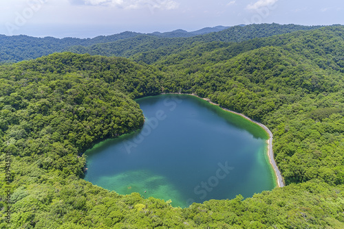 Aerial view of serene lake surrounded by lush green forests, showcasing beauty of nature and tranquility