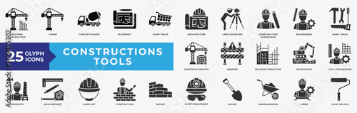 Construction Tools icon set with building construction, crane, concrete mixer, architecture, supervisor, engineering, hand tools, construction site, structure, civil engineering and construction