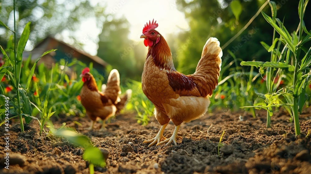 Fototapeta premium A majestic brown hen stands proudly in a lush garden with two other hens near a rustic farmhouse at sunset providing a picturesque rural scene.