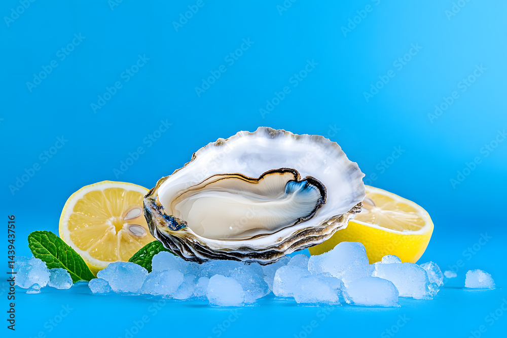 Oyster with lemons and ice on blue background