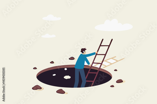 Effort and brave to solve business problem, get out of crisis or escape from trouble situation, reaching goal or solution concept, businessman survivor climb up ladder out of the hole or deep crater.