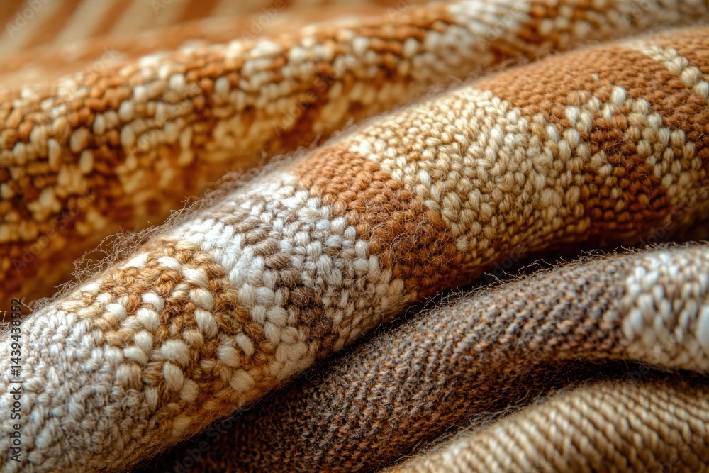 Close-up of textured woolen fabric in beige and brown stripes, showcasing intricate weaving. Close-up of textured woolen fabric in beige and brown stripes, showcasing intricate weaving.