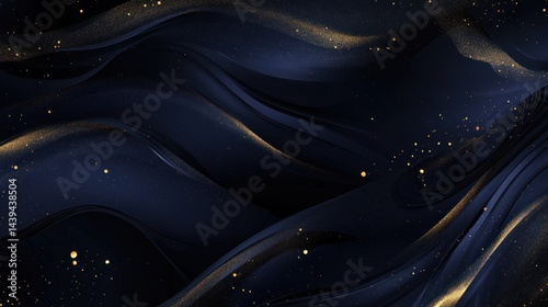 Abstract dark navy blue waves with gold sparkles