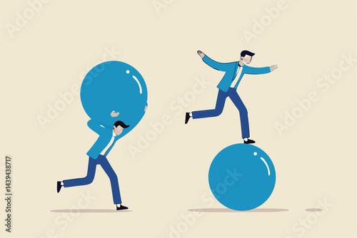 Work smarter not harder, efficient way with minimal effort to win business competition, better or difference strategy to outsmart competitor concept, businessman run fast on sphere effortless to win.