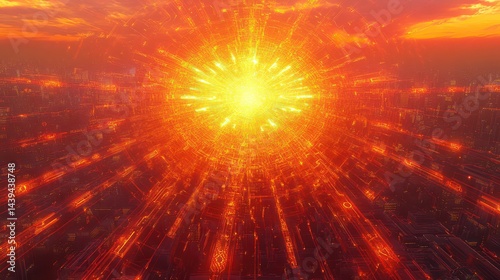 Fiery digital city implosion under a red sky