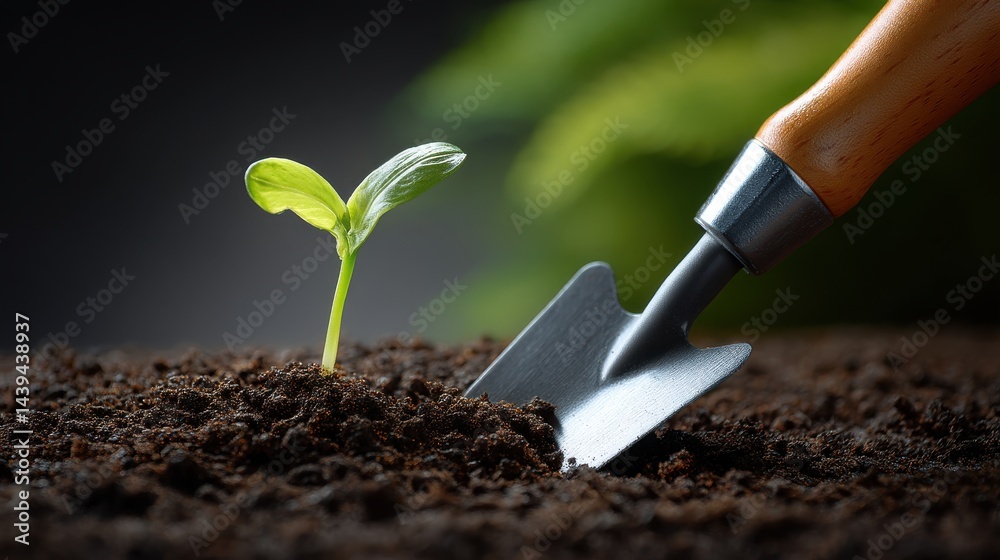 Vibrant Green Seedling Emerges from Dark Soil with Garden Tool Vibrant Green Seedling Emerges from Dark Soil with Garden Tool
