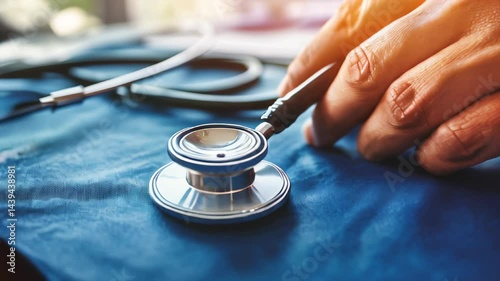 Hand adjusting stethoscope on blue cloth in medical setting during daytime