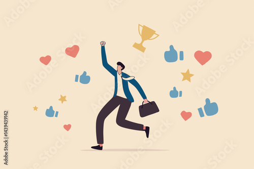 Appreciate high performance employee, good job or praising success staff, recognition or congratulation concept, cheerful success businessman with appreciation thumbs up applause, stars and trophy.