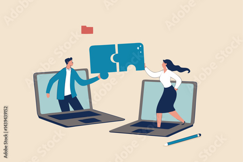 Stock Vector ID: 2136698797

Remote work collaboration or partnership, work from home or distant to get business solution together, online conference meeting concept, businessman and woman coworker so