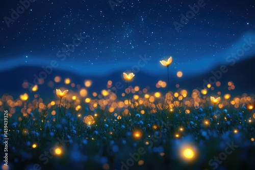 Glowing flowers illuminate a dark field under a starry night sky, creating a magical, dreamy atmosphere.