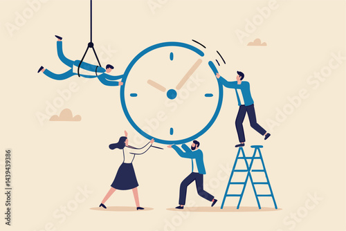 Time management or project management to control team to complete tasks or strategic planner to manage resources to complete work in deadline, businessman and woman help combine clock timer pieces.
