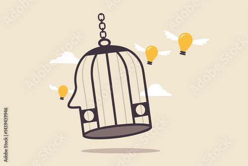Free your mind and let creativity idea and imagination fly, mindfulness thinking, break free to get solution for business problem concept, flying light bulb idea break free from human head bird cage.