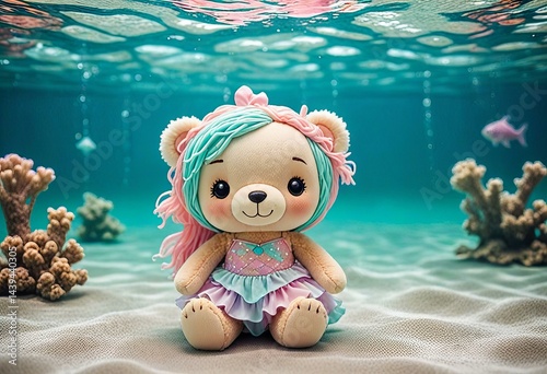 Adorable chibi mermaid bear in minimalist style, underwater world background.
