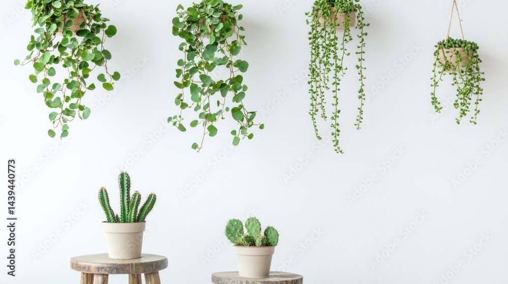Fototapeta premium Hanging vines and small cacti on wooden stools on white background.