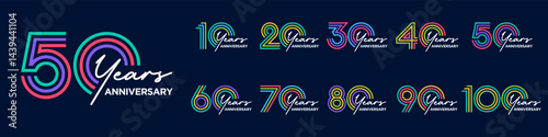 collection anniversary 10 to 100 year logo designs. abstract number for celebration event, wedding, greeting card, and invitation, vector illustration