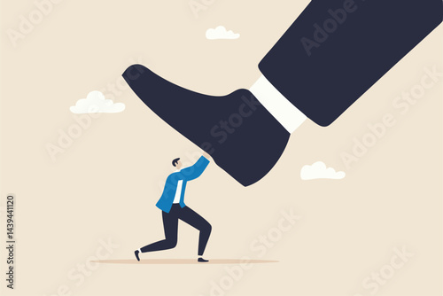 Unfair competition, cheating or using authority and power to abuse competitor, violence, conflict or employee fight concept, small employee trying to push back giant boss or competitor big feet.