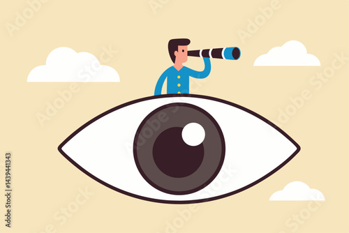 Business vision, eye looking for opportunity or discover success idea, leadership visionary look forward for future, search for success concept, businessman look through binoculars from his big eye.