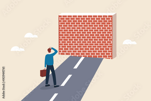 Business barrier, obstacle or difficulty, road block or career struggle, trouble or problem to be solved, prohibited or dead end concept, confused businessman walk on the road to brick wall barrier.