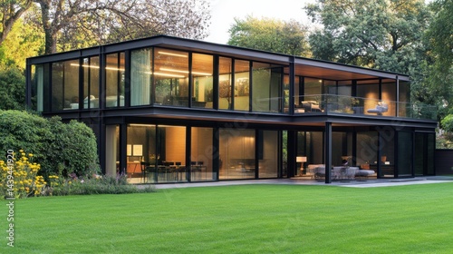Modern glass house in lush garden