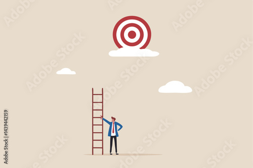 Mistake and error causing business problem and missing goal, disappointment or mission fail, hopeless on unreachable target concept, hopelessness businessman with too short ladder cannot reach target.