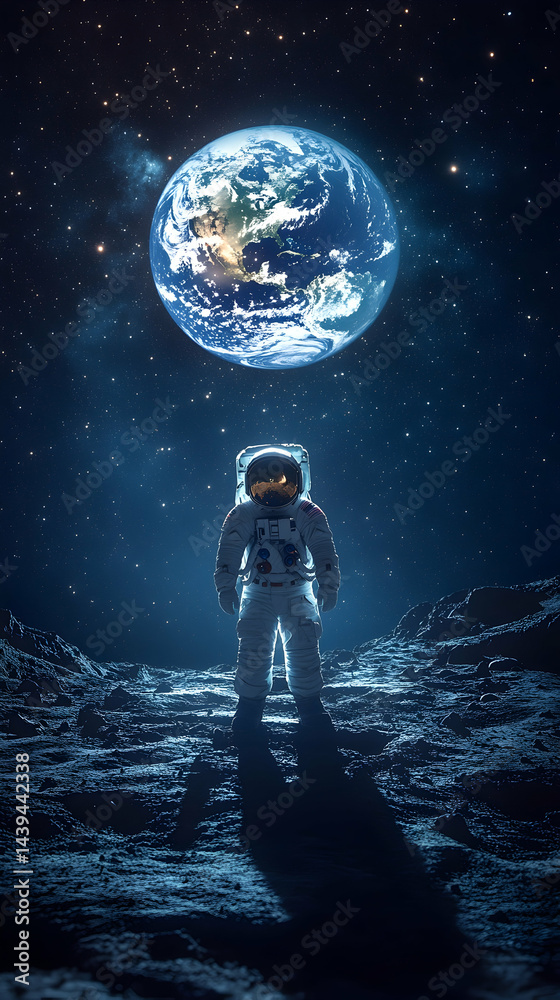 Obraz premium A spacesuit-clad figure stands on a rocky surface with Earth in the background against a starry sky