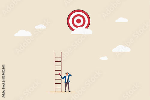 Mistake and error causing business problem and missing goal, disappointment or mission fail, hopeless on unreachable target concept, hopelessness businessman with too short ladder cannot reach target.