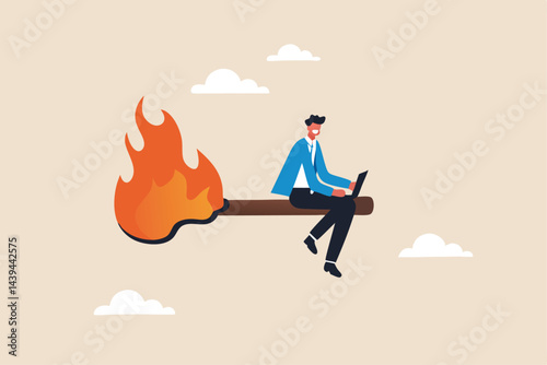 Burnout from overworked or pressure to finish within deadline, frustration or exhausted worker, despair employee or trouble concept, desperate businessman working with laptop on burning matchstick.