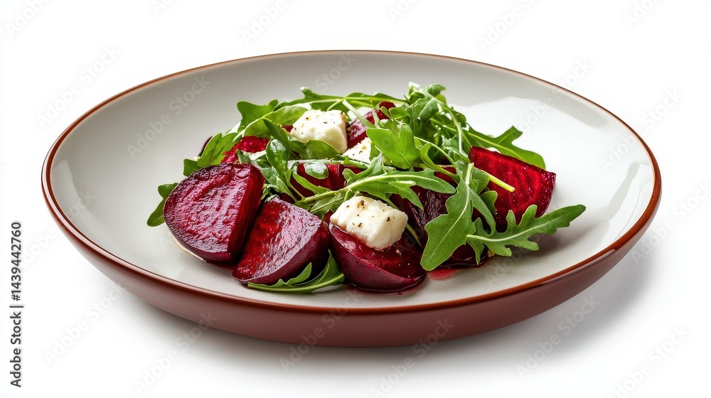 A delicious and healthy beet and feta salad is artfully arranged on a rustic plate with fresh arugula and a light vinaigrette dressing against a bright white background. A delicious and healthy beet and feta salad is artfully arranged on a rustic plate with fresh arugula and a light vinaigrette dressing against a bright white background.