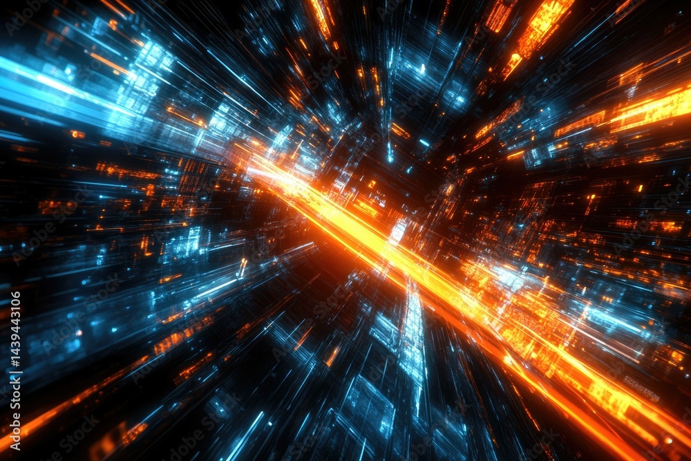 Fototapeta premium Abstract digital cityscape with vibrant orange and blue glowing lines, depicting futuristic technology and data streams.