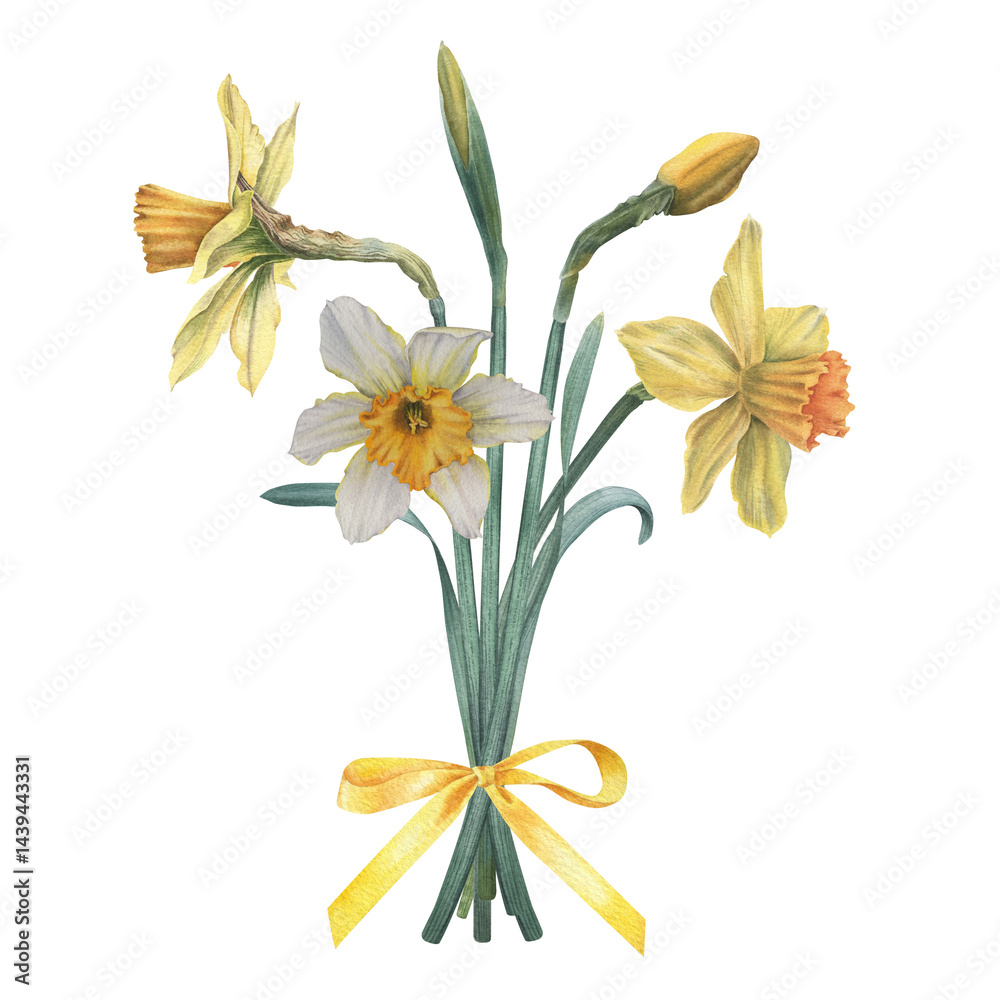 Fototapeta premium Bouquet of narcissus with satin ribbon bow in yellow. Hand drawn watercolor botanical illustration of daffodils on isolated background. Seasonal spring flowers for decoration, cards, printing.