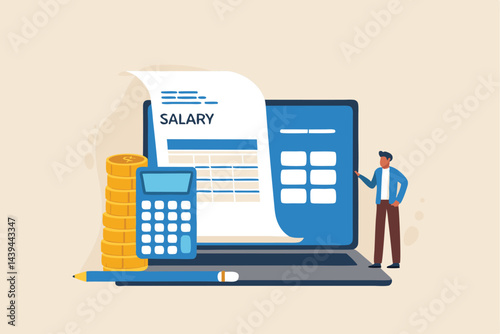 Salary payroll system, online income calculate and automatic payment, office accounting administrative or calendar pay date, employee wages concept, businessman standing with online payroll computer.