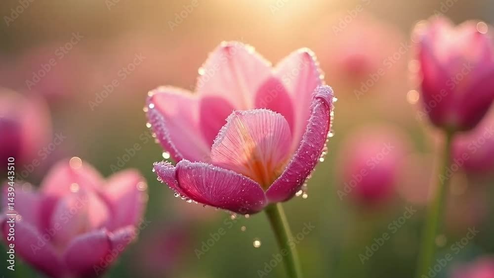 Enchanting pink tulips bask in the sun's radiant embrace, showcasing nature's captivating beauty