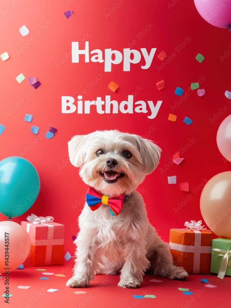 Happy Birthday card concept with cute pet doggy with colorful bow tie