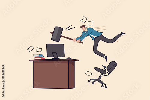 Frustration and chaos from computer problem or tech failure, stressful or anxiety from overworked or disappointment and mistake concept, frustrated businessman hitting to break computer with hammer.