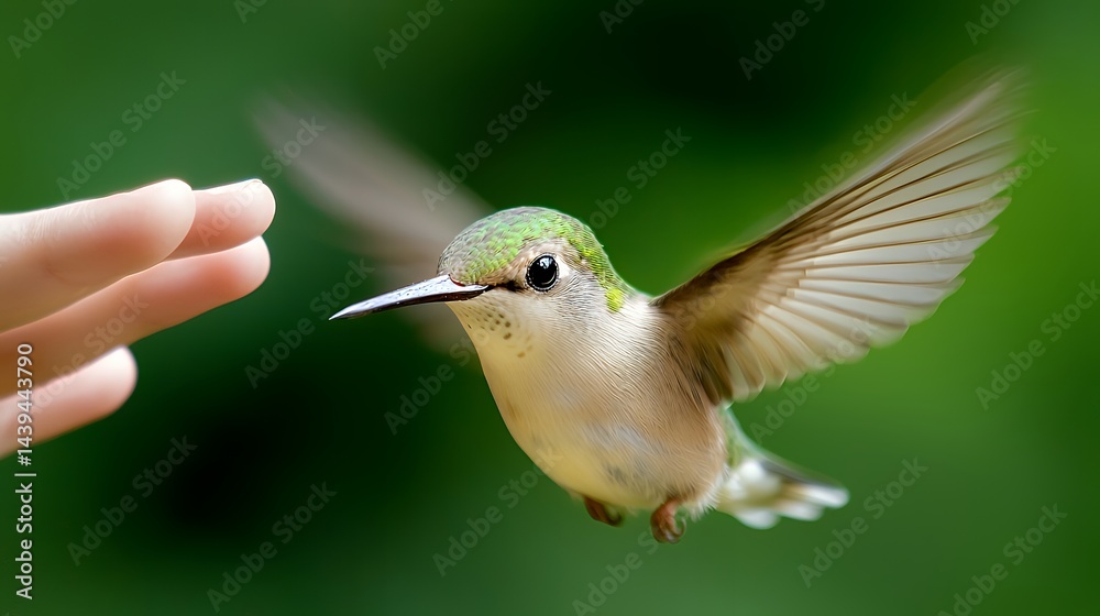 Fototapeta premium Hummingbird Flying Near Hand Detailed Close-up