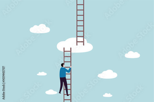 Progress to next level, career development or business improvement reaching better quality, growth or growing concept, ambitious businessman climbing up ladder to cloud level to reach next level.